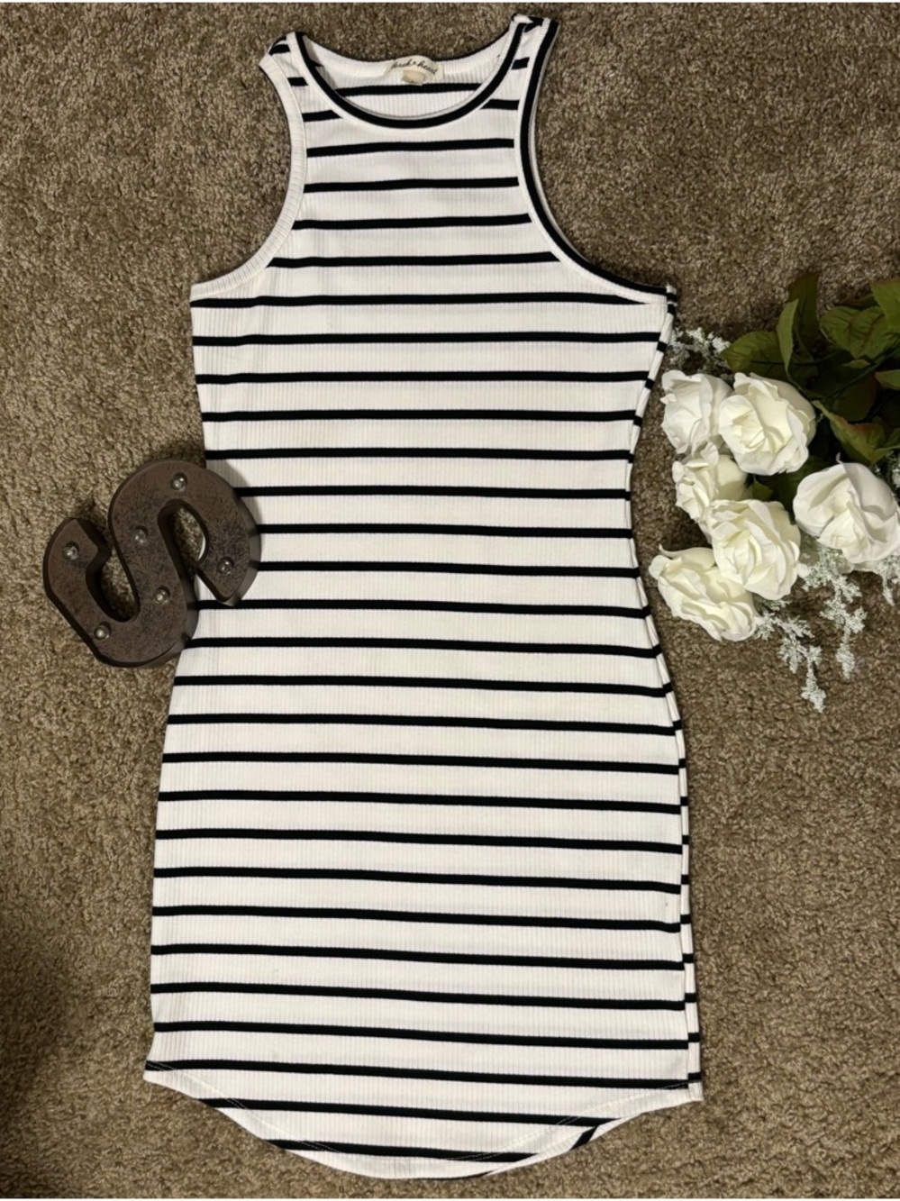 Striped Ribbed Tank Dress - Black & White